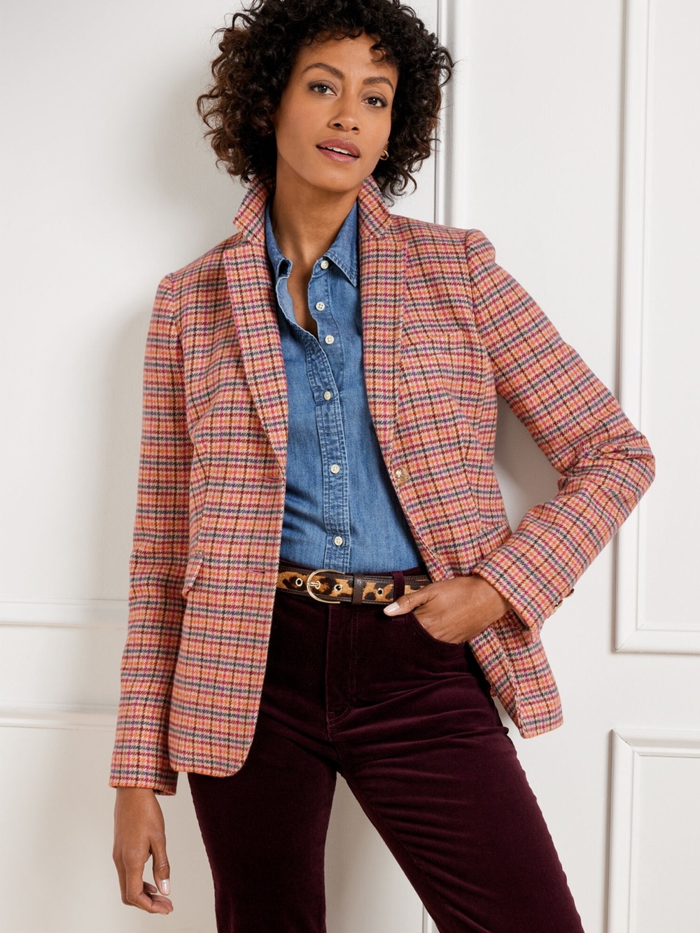 Talbots Classic Shetland Blazer Apple Plaid Women's Pink Multi-Check Size 6P